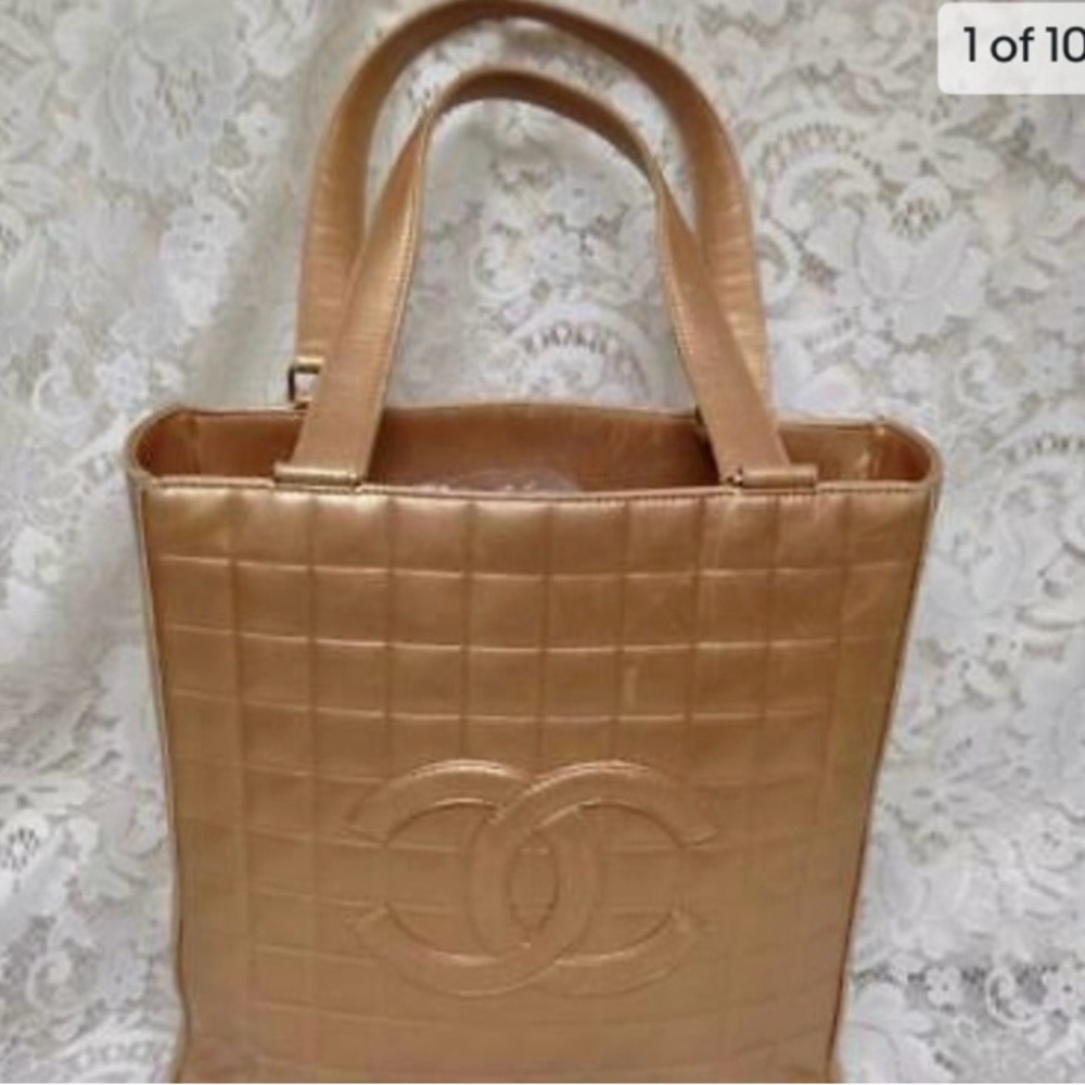 Authentic, Chanel Gold Lambskin Choco Bar  Hand Bag 11.5in H x 11in L x 3in W